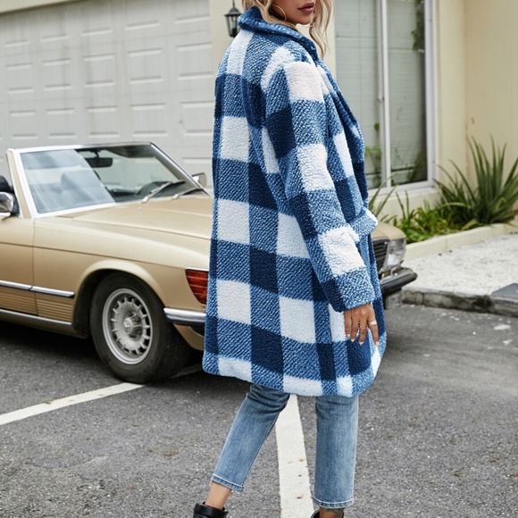 buffalo plaid teddy trench pea coat jacket khaki - Picture 4 of 11